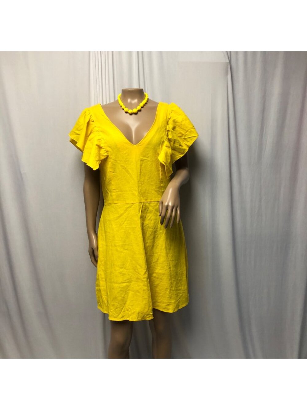 A New Day Dress Womens Size 6 Yellow Linen Rayon Flutter Sleeve V Neck Summer